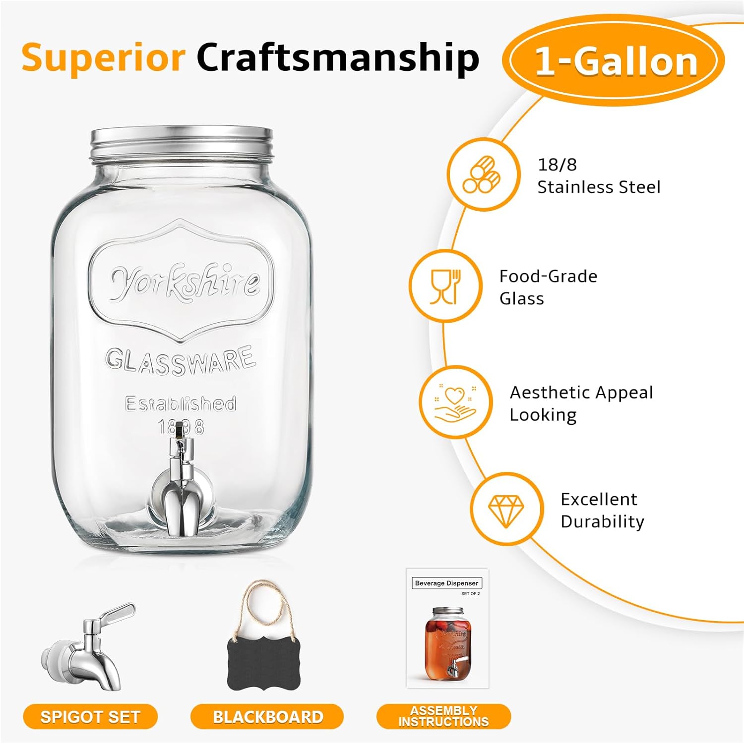 1 Gallon Glass Beverage Dispenser, 18/8 Stainless Steel Spigot and Lid, Glass Drink Dispensers for Parties, Mason Jar Drink Dispensers with Lids