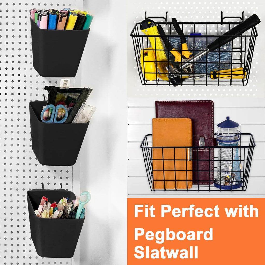 Pegboard Basket Organizers, Peg Board Large Baskets Hooks Bins Cups Tool Organizer 6 Pack Set, Wall Storage Display Hanging Accessories for Craft Office Stadio Shed Garage Organization (Black & Black)