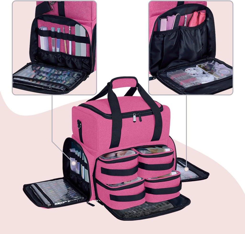 Large Cosmetic Bag with 4 Removable Case and 2 Removable Dividers Double Layer Travel Storage Organizer, Makeup Brushes Storage Section Rose Red