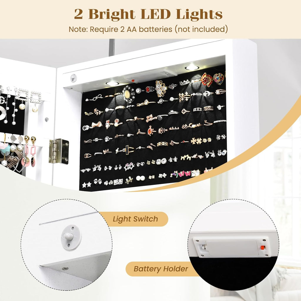 Giantex Wall Door Mounted Jewelry Armoire Cabinet with 47.5" Full Length Mirror, 2 LEDs Lockable Jewelry Organizers and Storage with 2 Drawers, Over the Door Jewelry Organizer Cabinet (White)