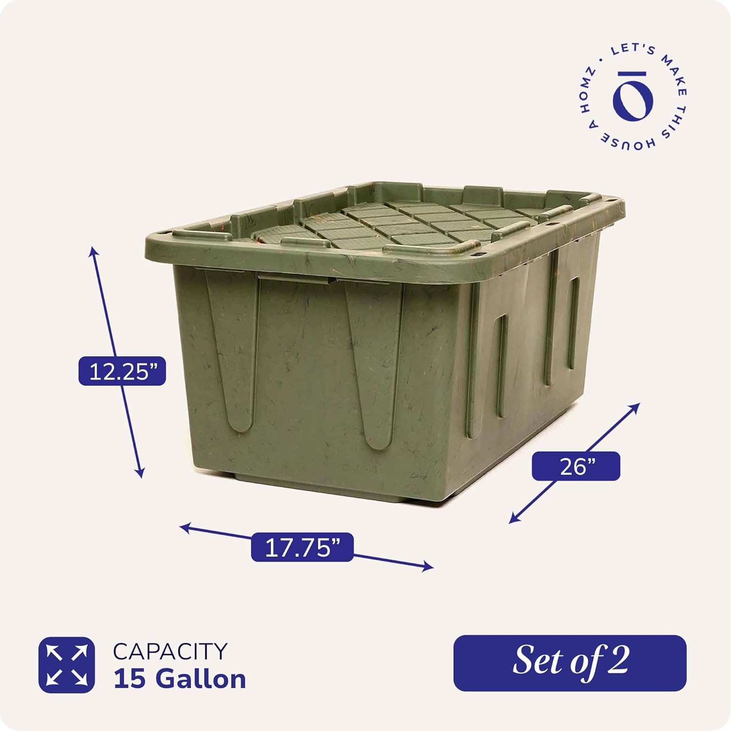 HOMZ 2-Pack Durabilt Tote, Heavy Duty Plastic Storage Bins with Lids, 15 Gallon, Green Camo - Stackable Organizing Containers for Home, Garage, and Office