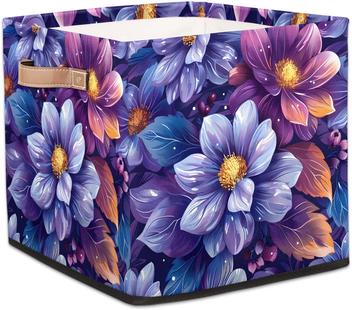 TropicalLife 13x13x13 Inch Large Fabric Storage Cube Vintage Floral Foldable Storage Bin with Handles Organizer Boxes Cube Basket for Shelves Organizing Closet