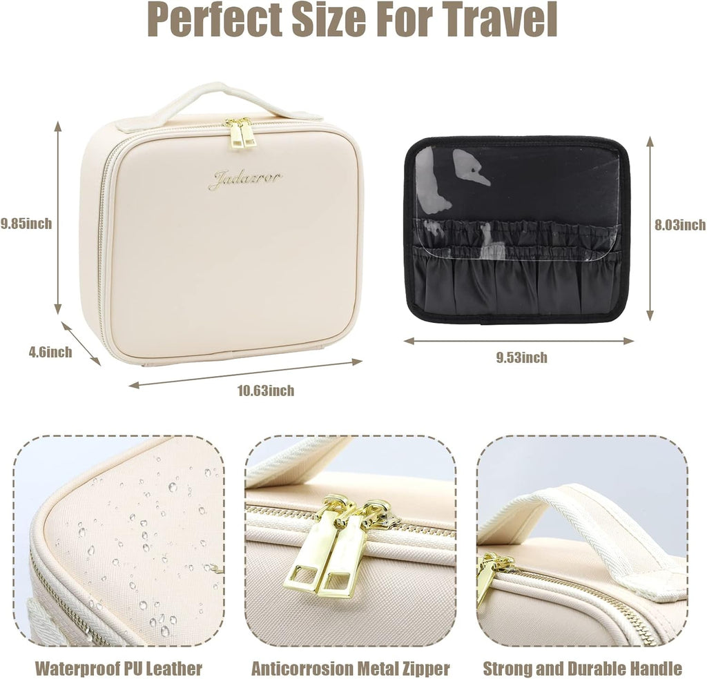 Portable Travel Makeup Bag with Lighted Mirror, 3 Color Brightness, Beige