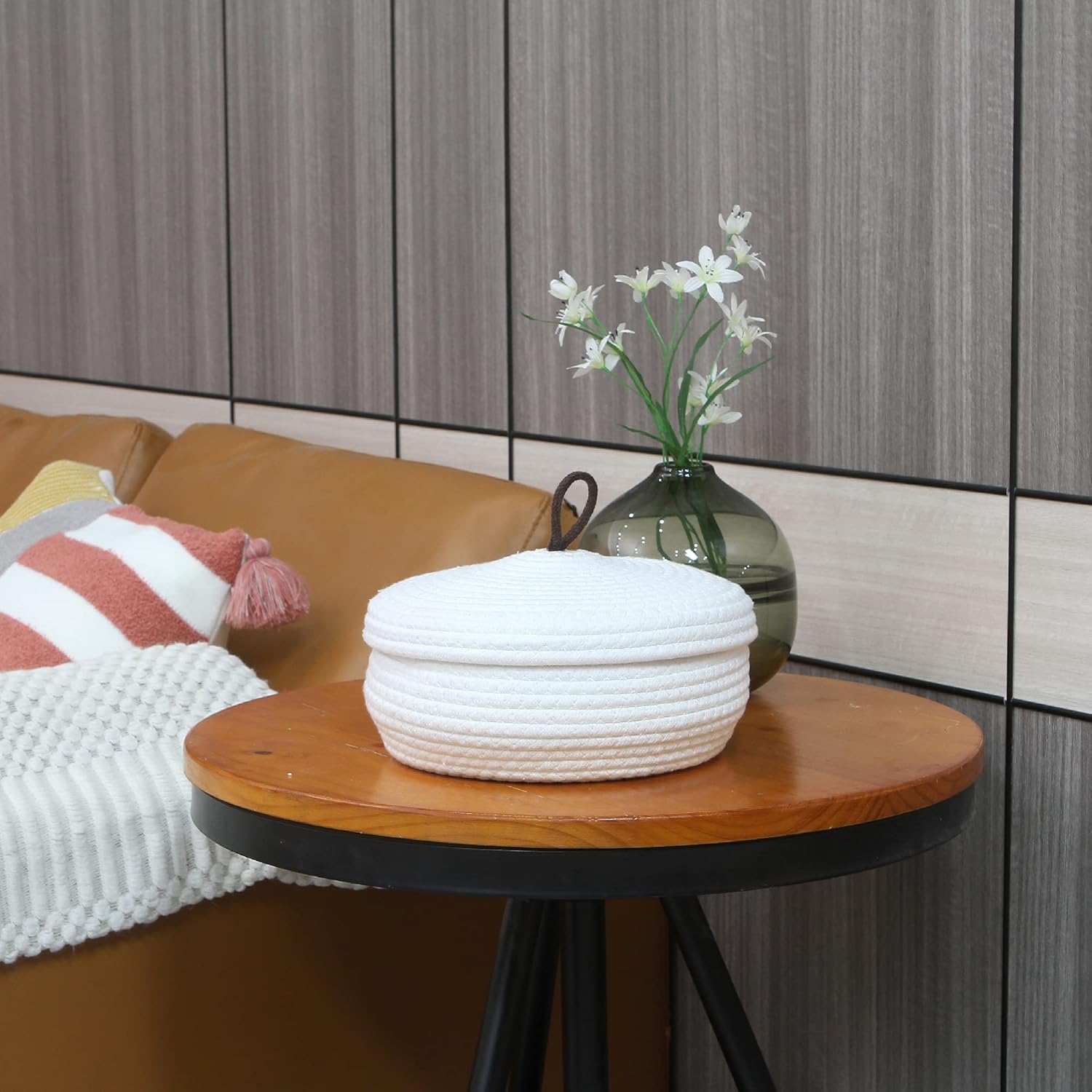 Sea Team Round Cotton Rope Storage Basket with Lid, Decorative Woven Storage Bin, Pot, Caddy, Organizer, Container for Snacks, Towels, Plants, 10 x 4.5 Inches (Small, Shallow, White)