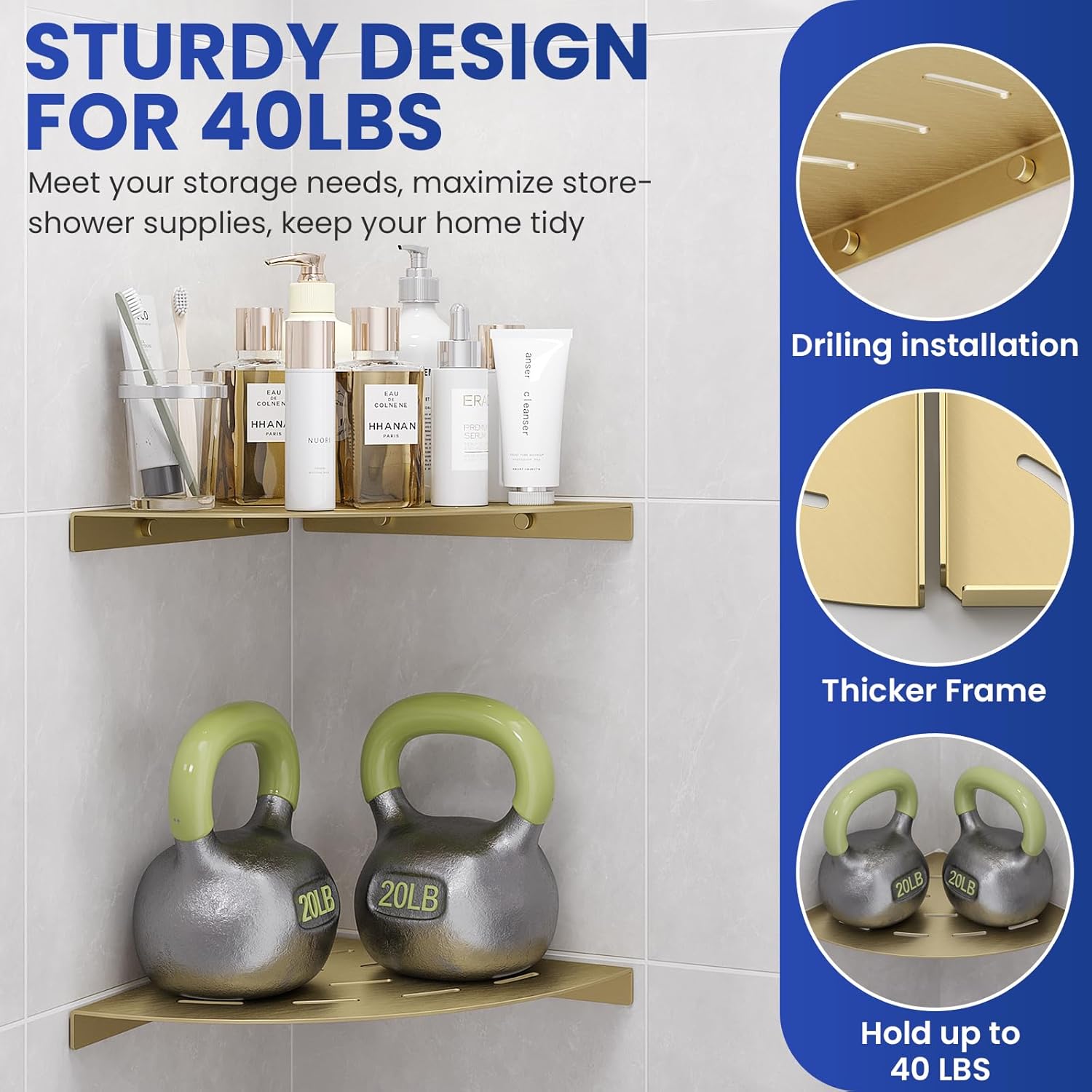 2 Pack Corner Shower Shelves Load Capacity 40 lbs 304 Stainless Steel Shower Corner Shelf Will not Rust 8in Shower Shelf for Inside Shower Brushed Gold Drilling Installation