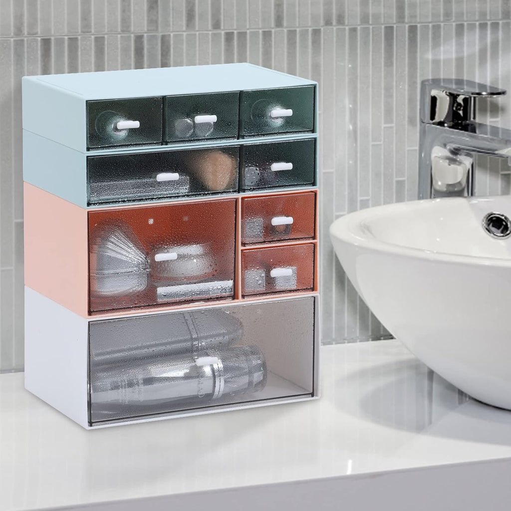 Desk Craft Organizer and Storage with 7 Flat Drawers, Stackable Plastic Desktop Accessories & Workspace Organizer for Office Stationary, Makeup Skincare, Sanitation Supplies, Blue