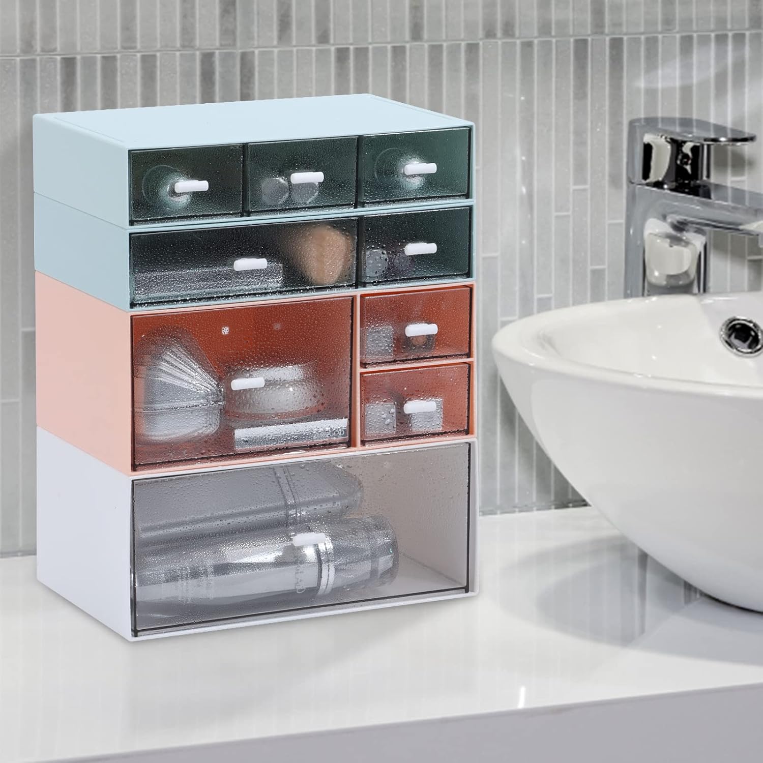 Desk Craft Organizer and Storage with 7 Flat Drawers, Stackable Plastic Desktop Accessories & Workspace Organizer for Office Stationary, Makeup Skincare, Sanitation Supplies, Blue