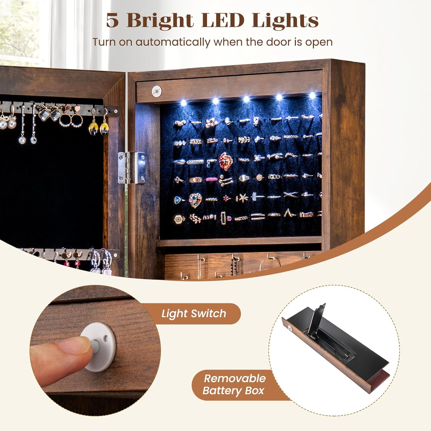 5 LEDs Mirrored Jewelry Cabinet Wall Mounted or Door Hanging, 42” Jewelry Box Armoire with Full Length Mirror, 2 Drawers & Shelves, Over the Door Jewelry organizers and Storage (Rustic Brown)