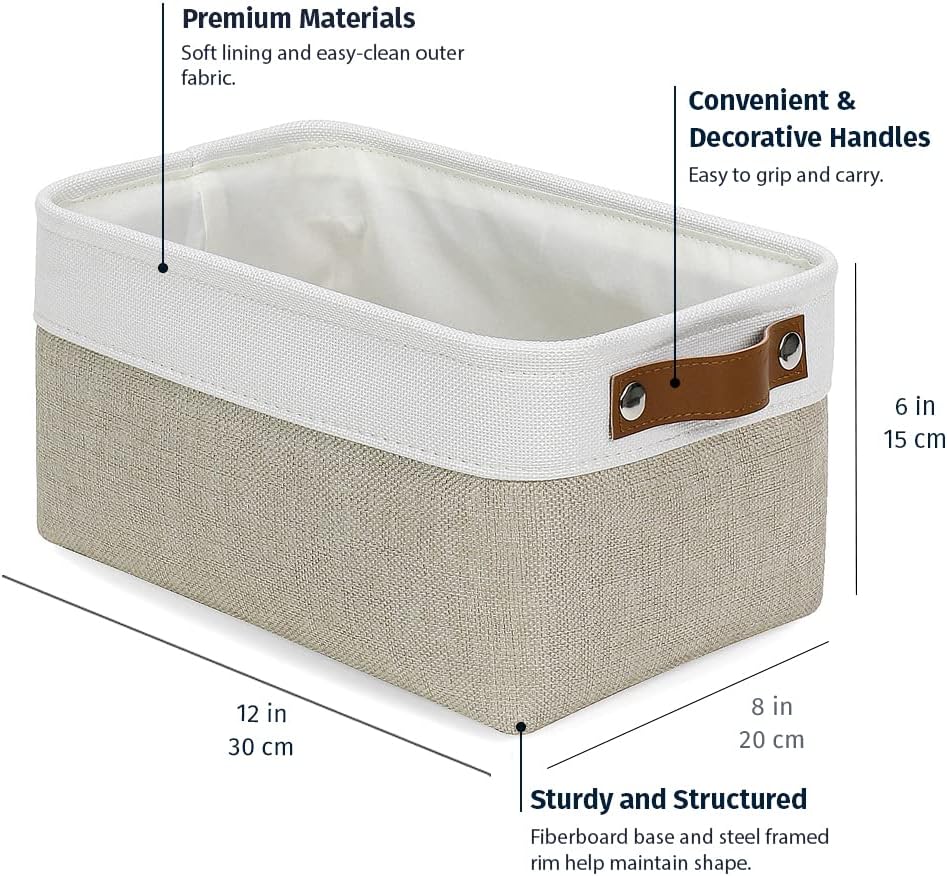 OrganiHaus Small Fabric Storage Baskets for Shelves 3 Pack, 12x08in Closet Storage Bins for Shelves, Canvas Baskets for Organizing, Linen Closet Organizers, Cloth Basket, Beige/Off-White