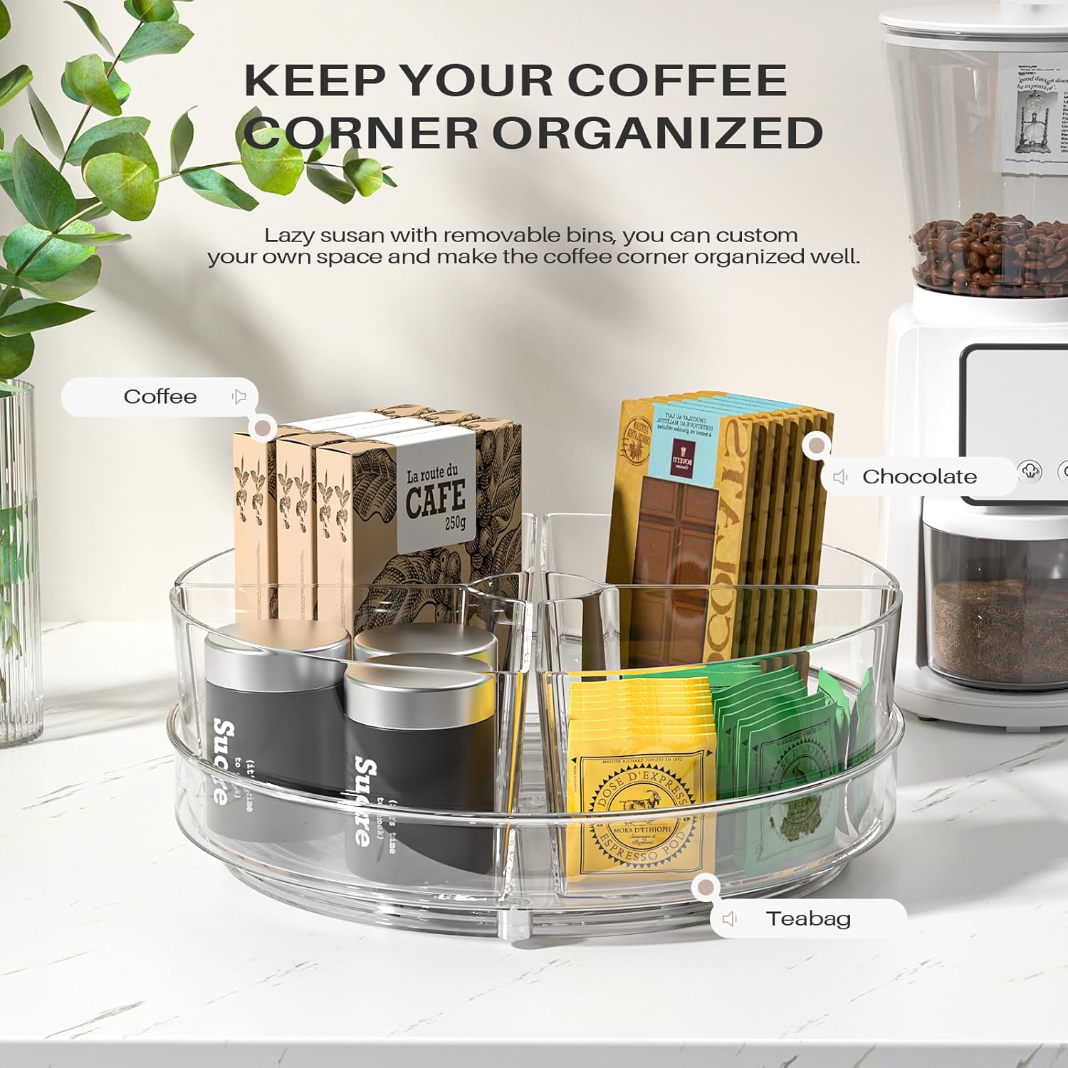 Lazy Susan Organizer, 9 inch Rotating Storage Organizer with 4 Removable-Bins,Turntable Organizer for Fridge, Kitchen, Vanity, Cabinet