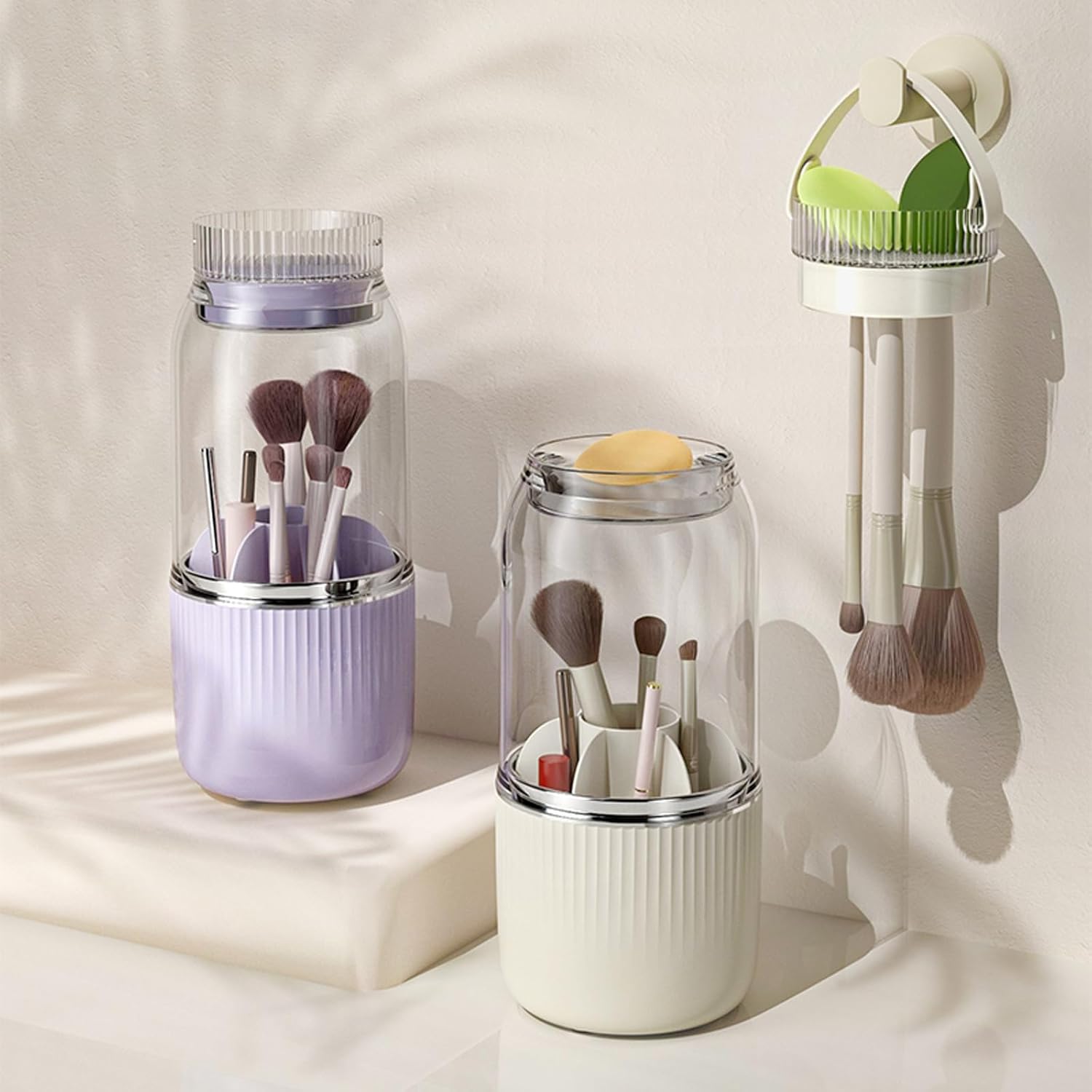 360° Rotating Makeup Brush Holder Organizer,Makeup Brush Holder with Cleaning and Drying Function,Cosmetic Display Case with Cover,Makeup Organizer for Vanity,Desktop,Bathroom(Cream)