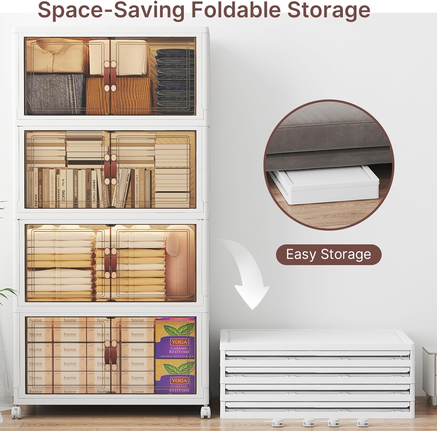 960Qt Stackable Storage Bins with Lids, 8 Pack Large Collapsible Bins with Wheels, Plastic Cabinet with Doors, Foldable Closet Organizers and Storage for Home, Dorm, Office, White