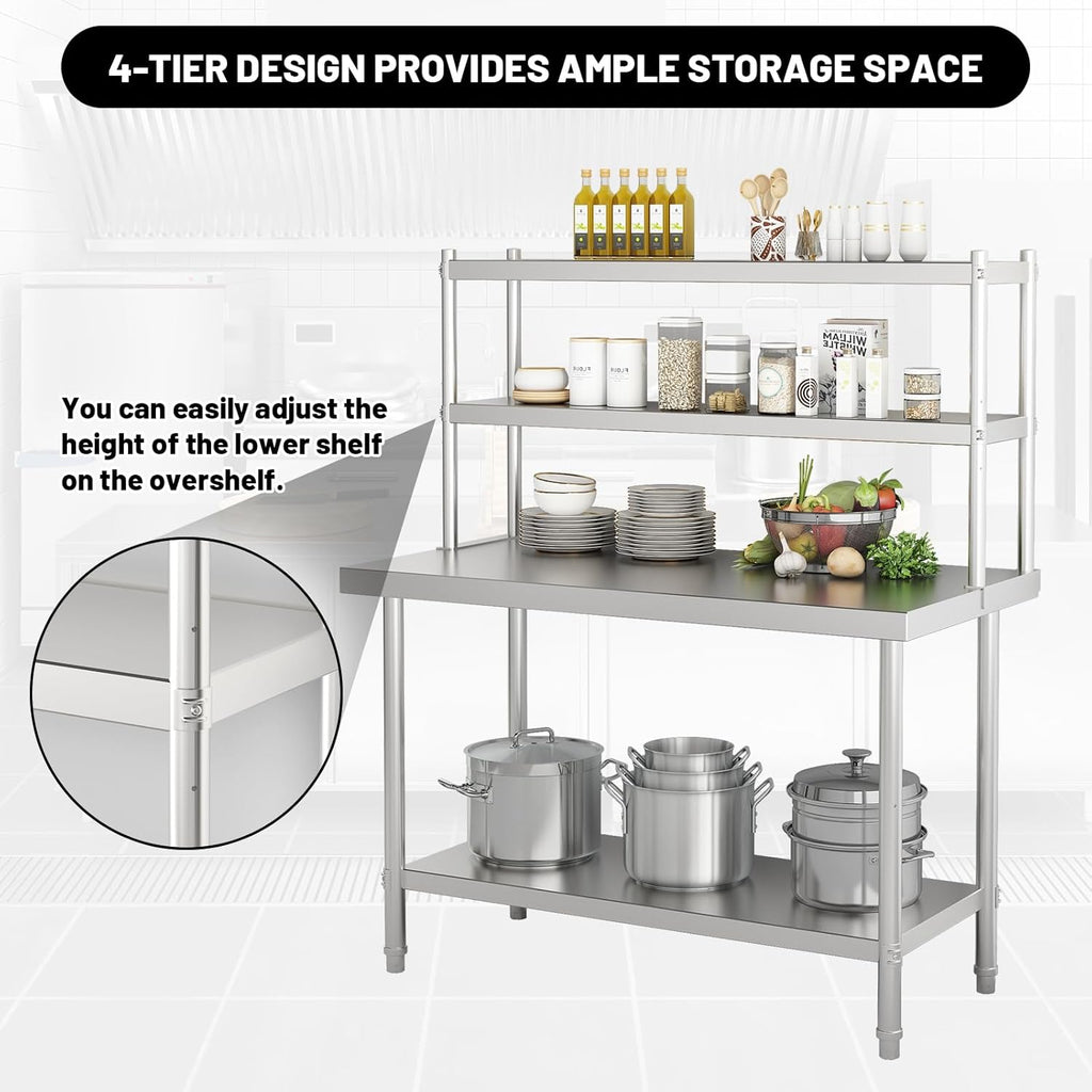 2-Tier Stainless Steel Commercial Work Table 47.2" W x 23.6" D x 31.5" H with Overshelf, Heavy Duty Kitchen Prep Table for Restaurant, Home Kitchen, Garage, Warehouse