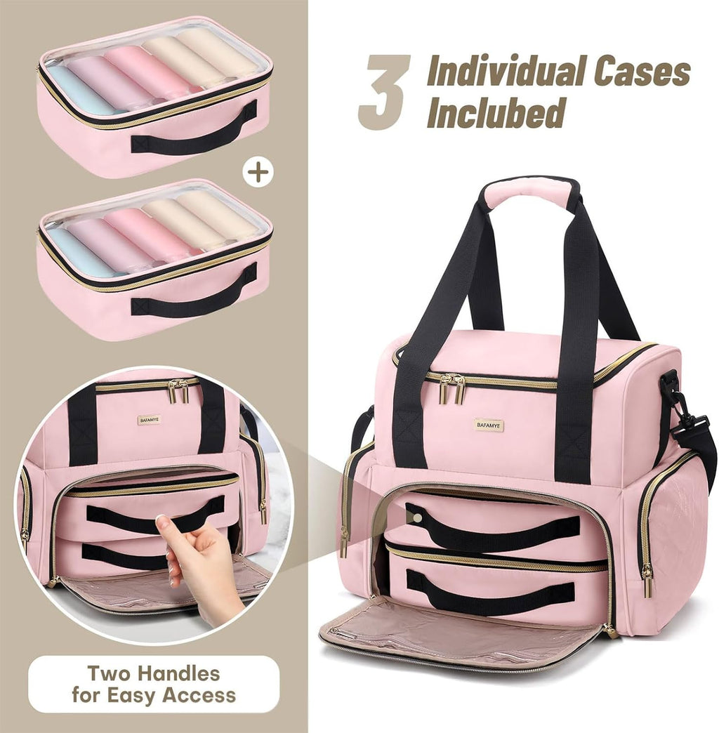 Large Makeup Cosmetic Bag with 2 Removable Case, Double Layer Travel Makeup Organizer Case, travel Toiletry Bag For Women, Pink