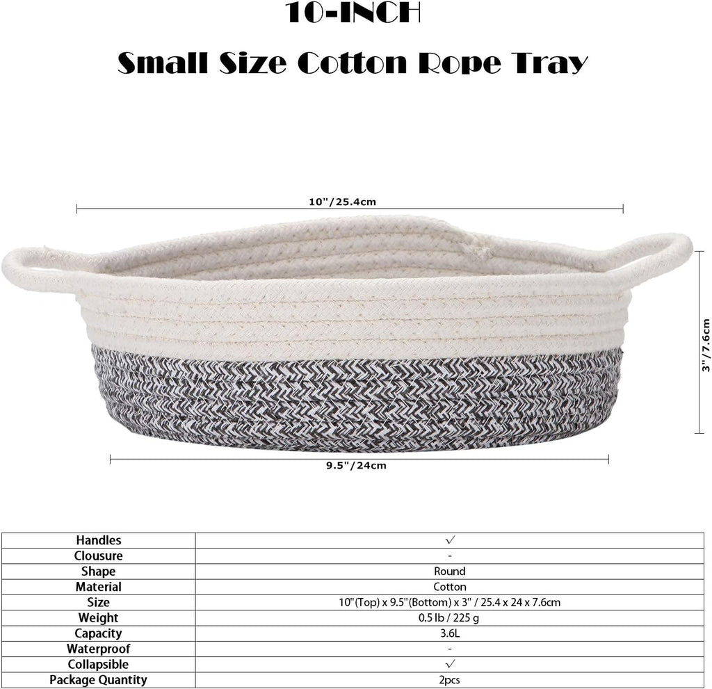 Sea Team 2-Pack Cotton Rope Baskets, 10 x 3 Inches Small Woven Storage Basket, Fabric Tray, Bowl, Round Open Dish for Fruits, Jewelry, Keys, Sewing Kits (Mottled Grey & White)