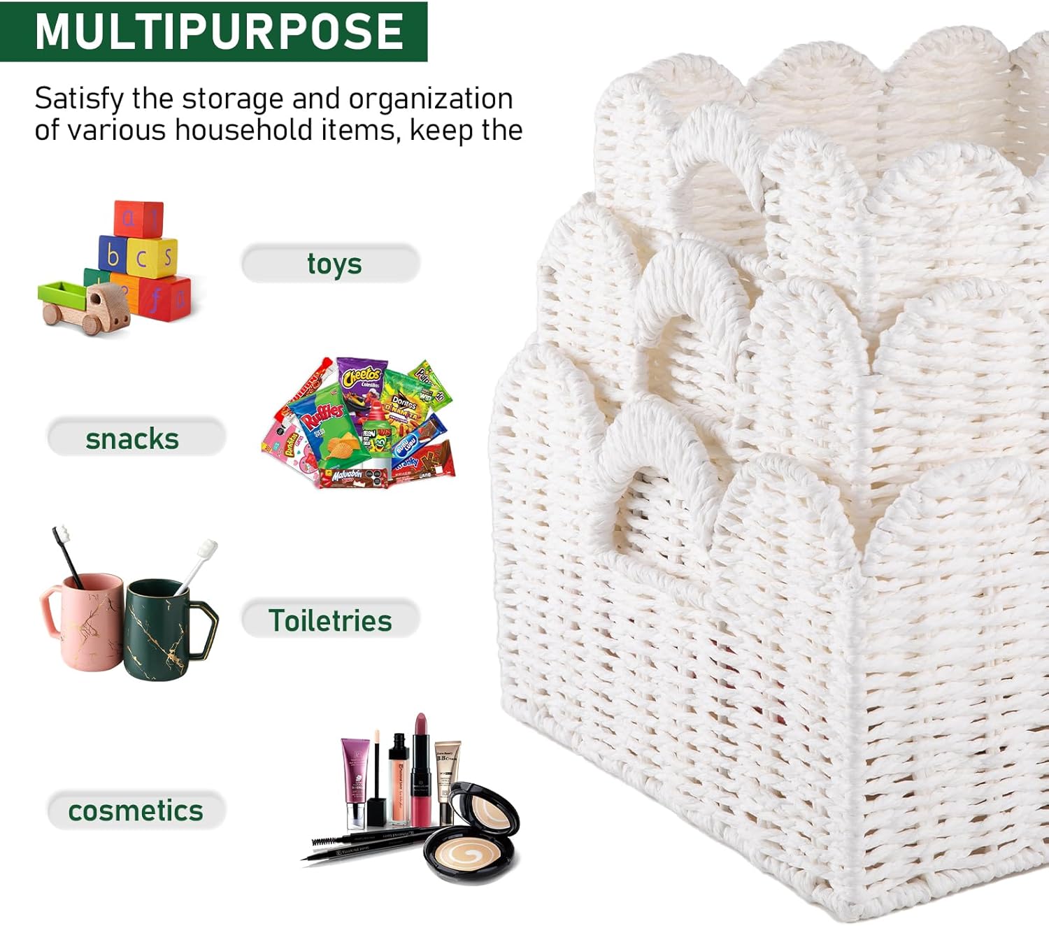 OIAHOMY Scalloped Wicker Baskets, Hand-woven Storage Baskets with Built-in Handles, Paper Rope Shelf Baskets for Organizing and Decoration, Set of 3-White