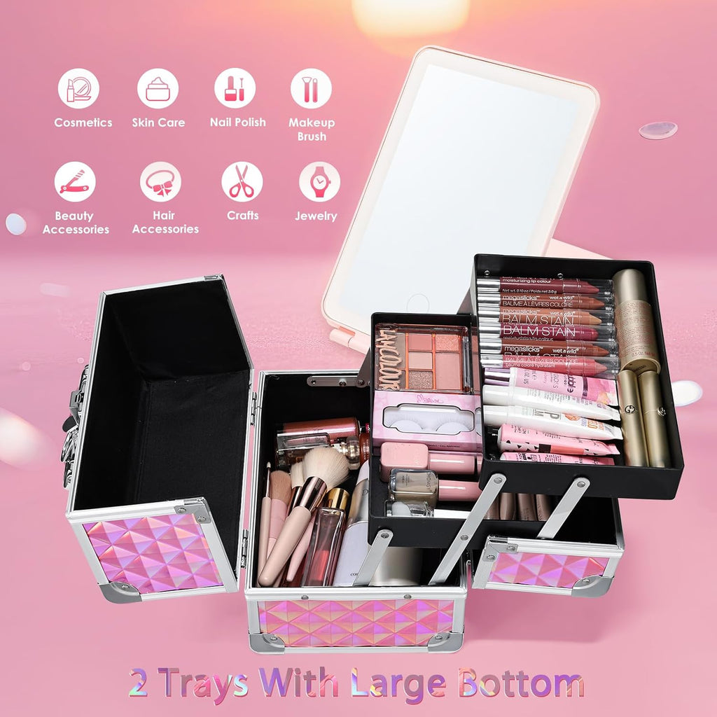 Makeup Case with Lighted Mirror Travel Makeup Organizer Box 2 Trays Lockable Cosmetic Train Case with Movable LED Mirror for Girls Make Up Nail Kits Sewing Vanity Storage Case Shiny Pink