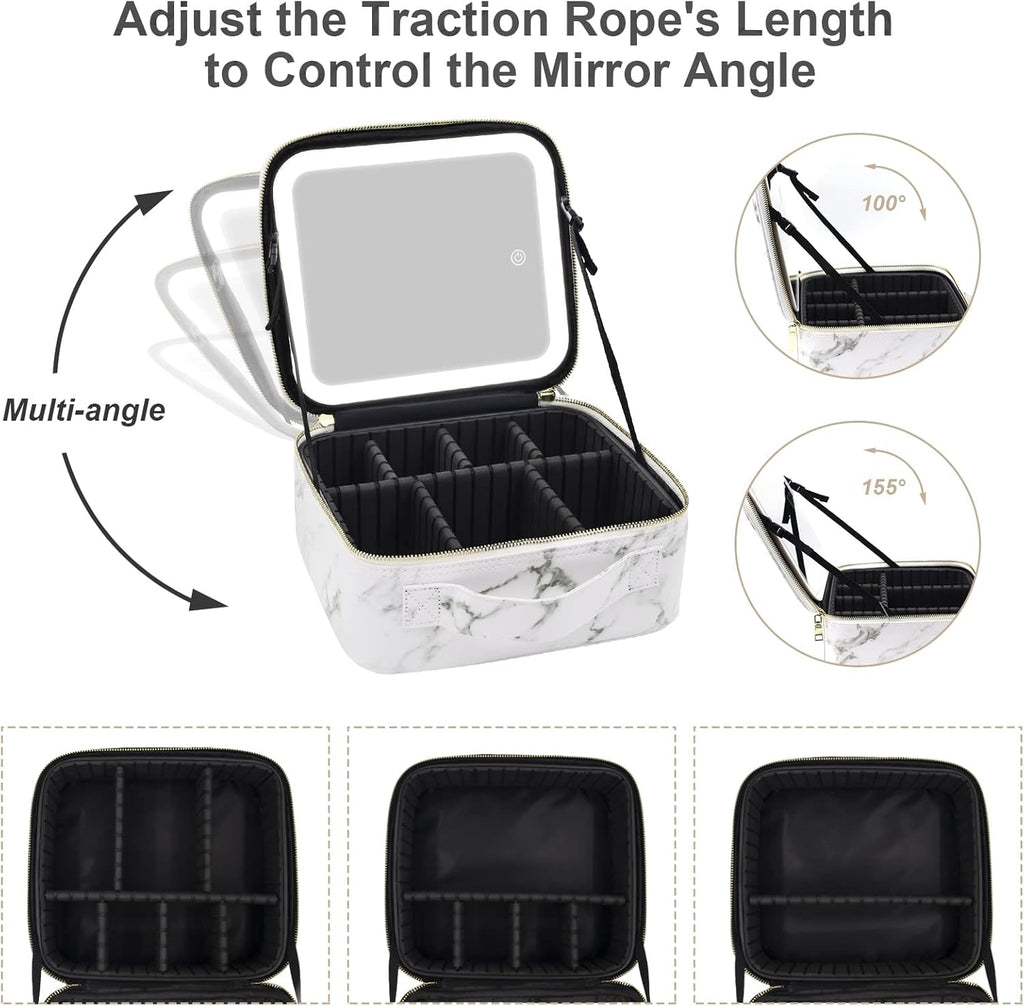 Makeup Bag with Mirror and Light, Makeup Case with Lighted Mirror, Travel Makeup Bag with Light up Mirror 3 Color Lights, Makeup Organizer Bag with Adjustable Dividers & Brush Holder(Marble)