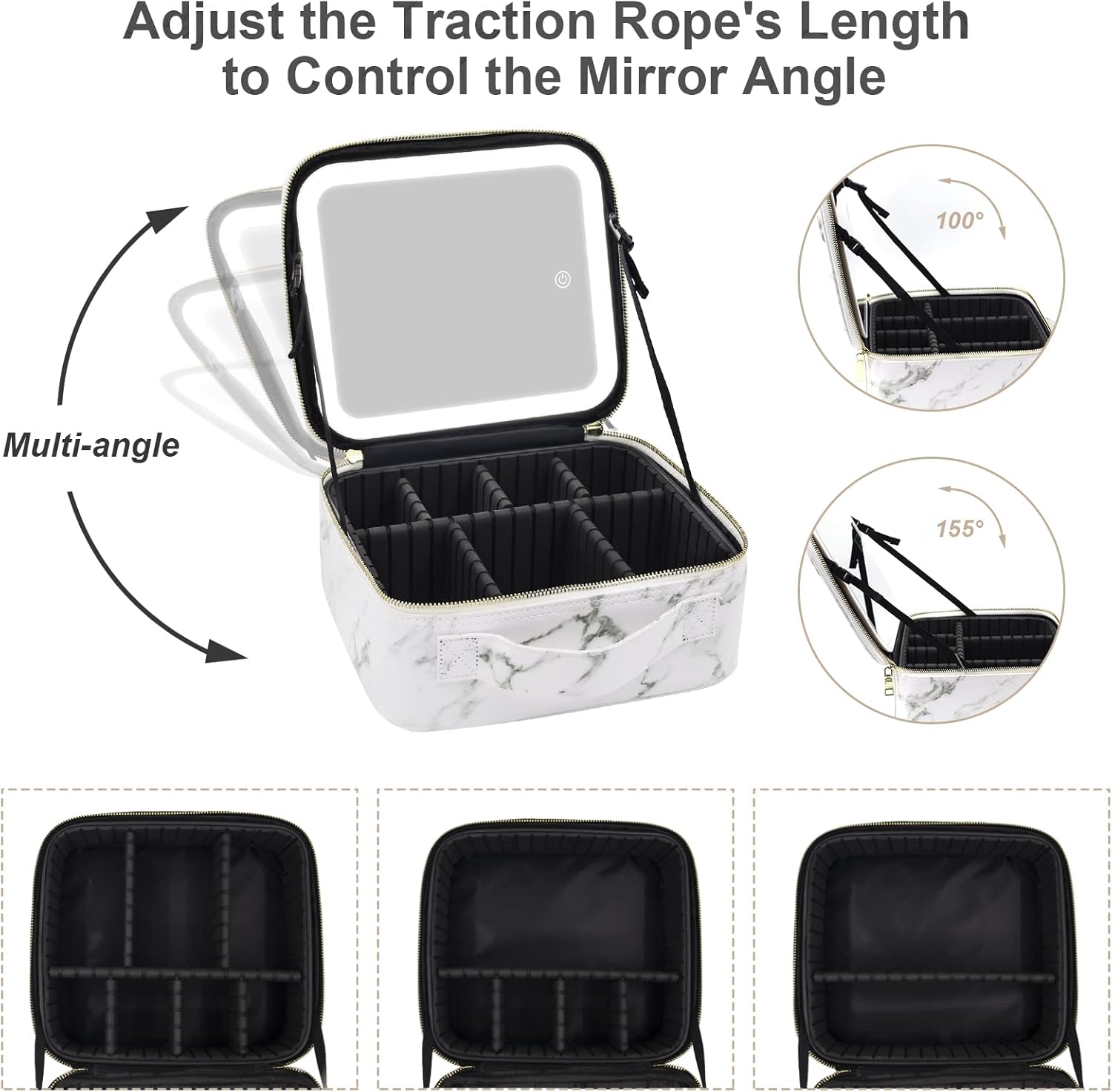 Makeup Bag with Mirror and Light, Makeup Case with Lighted Mirror, Travel Makeup Bag with Light up Mirror 3 Color Lights, Makeup Organizer Bag with Adjustable Dividers & Brush Holder(Marble)