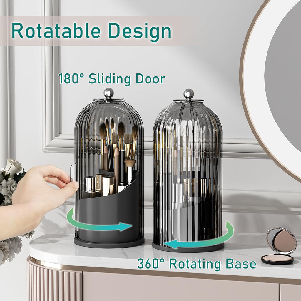 GAXmi Makeup Brush Holder with Lid Cosmetic Tools Organizer 360 Rotating Waterproof Dustproof Beauty Brushes Storage for Vanity, Black-Grey