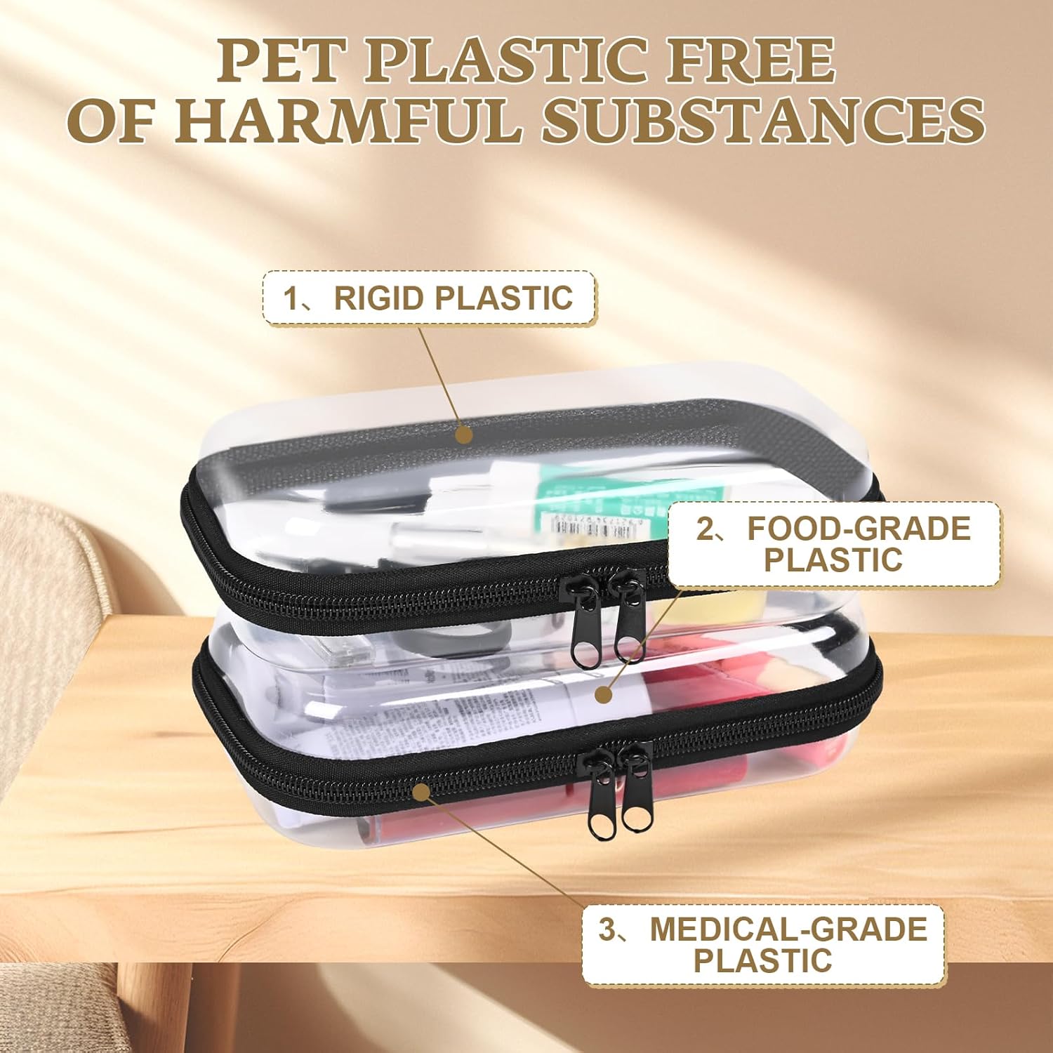 2PCS Zippered Hard Pouch Double,Portable Waterproof Cosmetic Bag with Zipper,DIY Storage Organizer Bins,Hard Plastic Case,Clear Zipper Bags for Organizing,Pencil Case