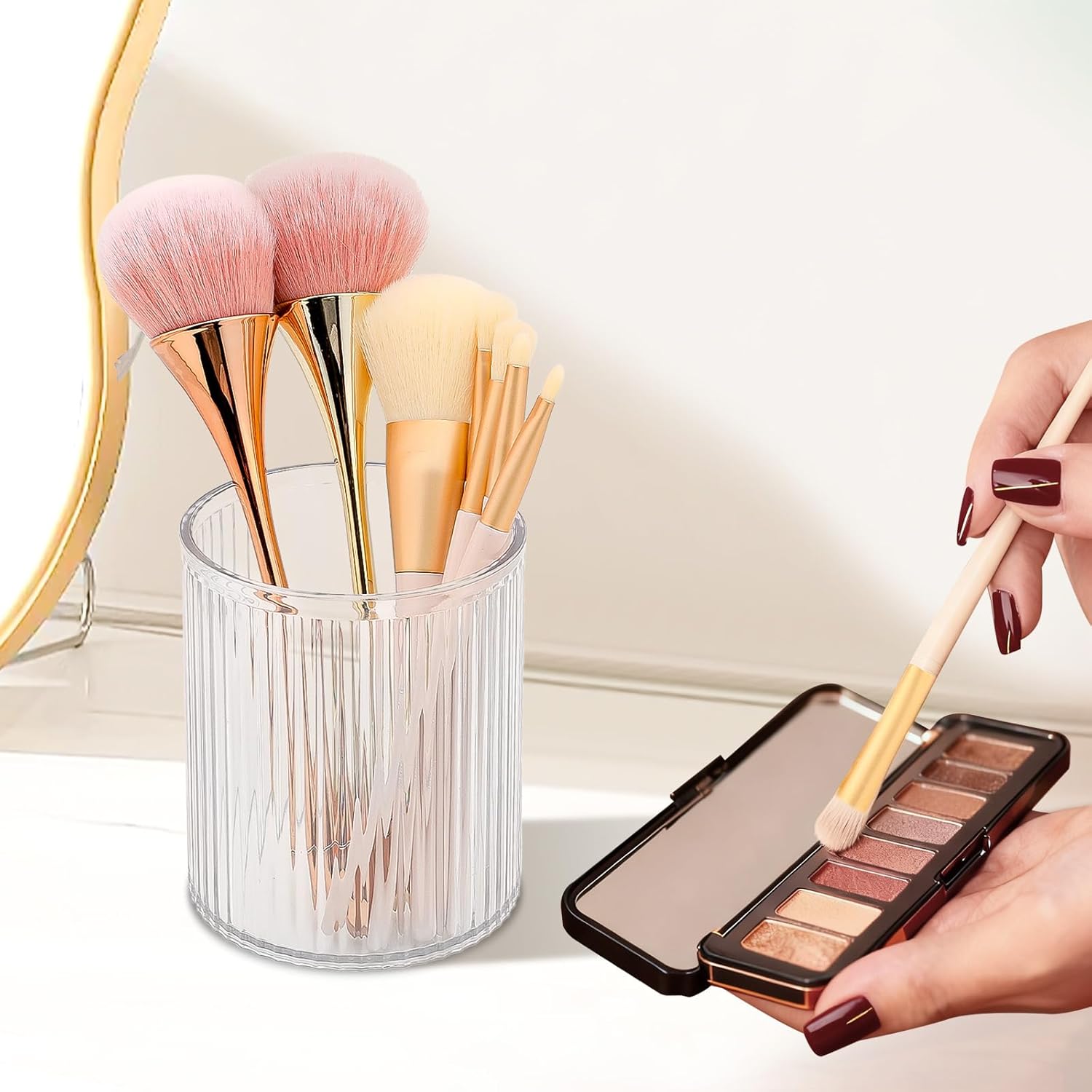 DASITON Makeup Brush Holder Organizer, Acrylic Makeup Brush Cup, Vintage Striped Make Up Brush Holder for Vanity, Bathroom Countertop, Toothbrush Holders, Pen Holder for Desk Storage (Clear)