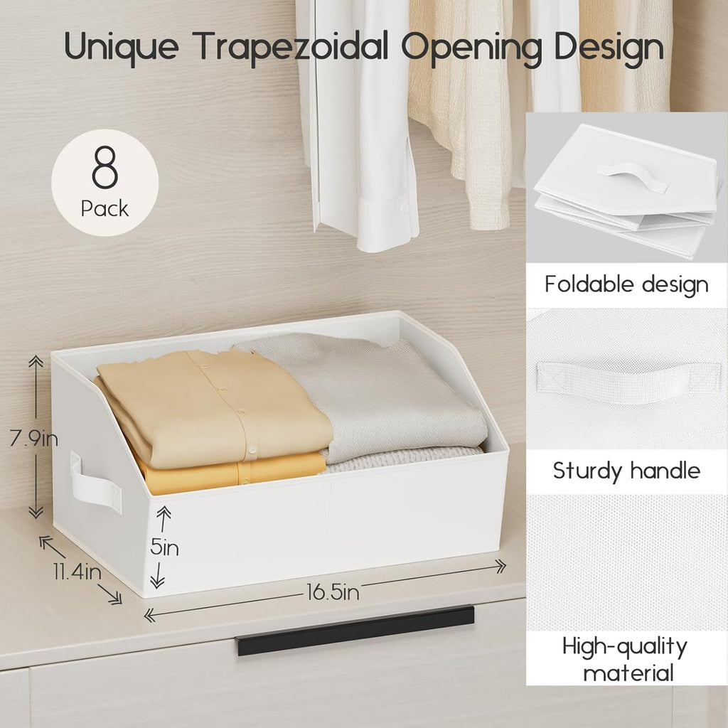 Large Closet Organizers and Storage Bins - 6 Pack Trapezoid Storage Baskets for Shelves, Foldable Fabric Baskets with Handles Ideal for Closet, Basket, Wardrobe and Shelf Storage, White