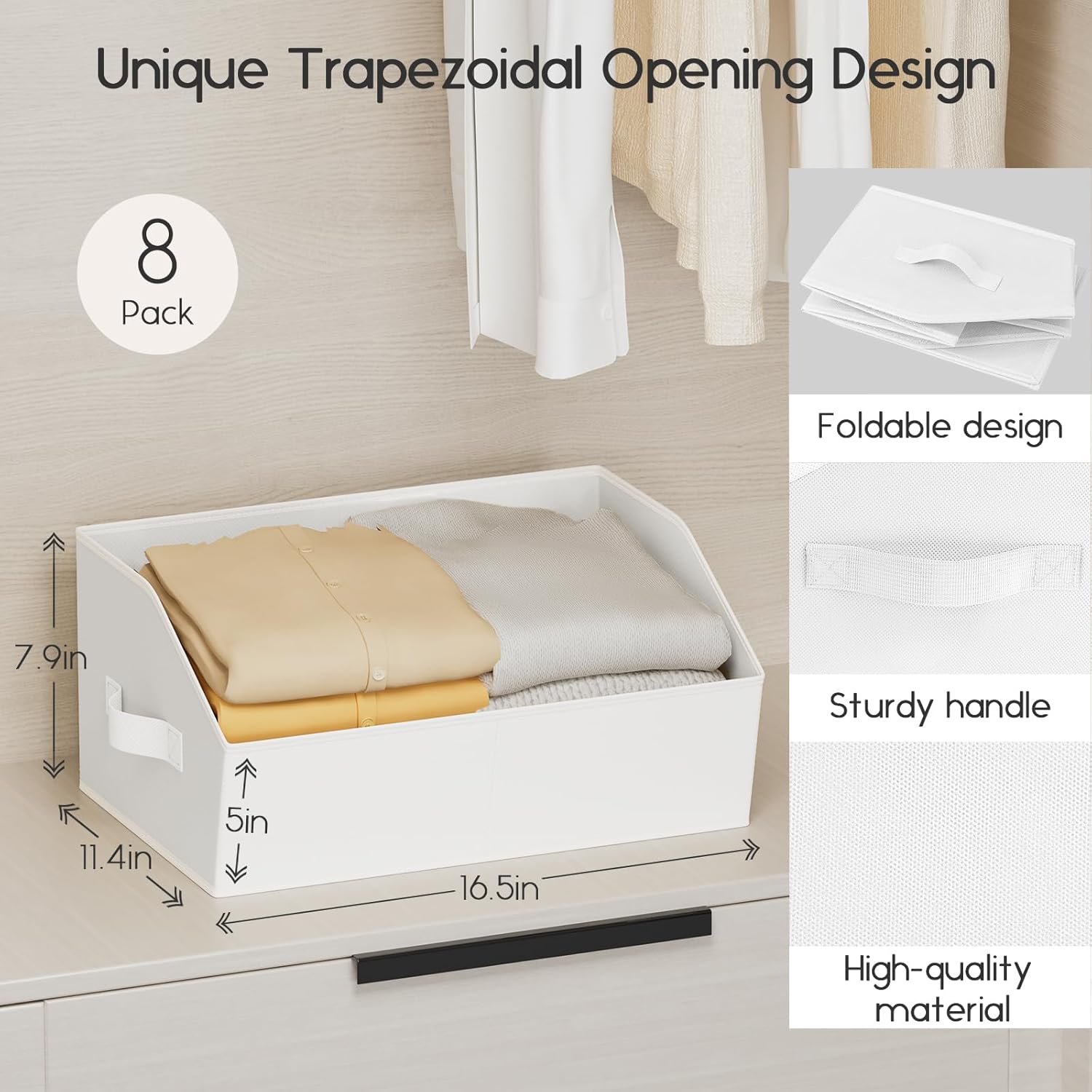 Large Closet Organizers and Storage Bins - 6 Pack Trapezoid Storage Baskets for Shelves, Foldable Fabric Baskets with Handles Ideal for Closet, Basket, Wardrobe and Shelf Storage, White