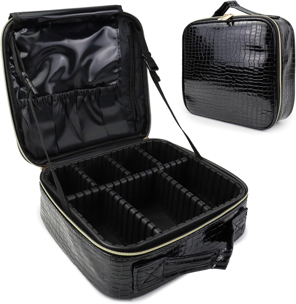 Travel Makeup Bag Makeup Cosmetic Train Case Organizer Portable Storage Bag with Adjustable Dividers for Cosmetics Makeup Brushes Toiletry Jewelry Black Crocodile Pattern