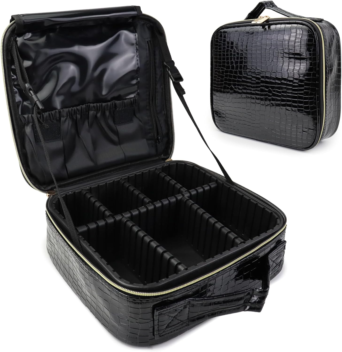 Travel Makeup Bag Makeup Cosmetic Train Case Organizer Portable Storage Bag with Adjustable Dividers for Cosmetics Makeup Brushes Toiletry Jewelry Black Crocodile Pattern