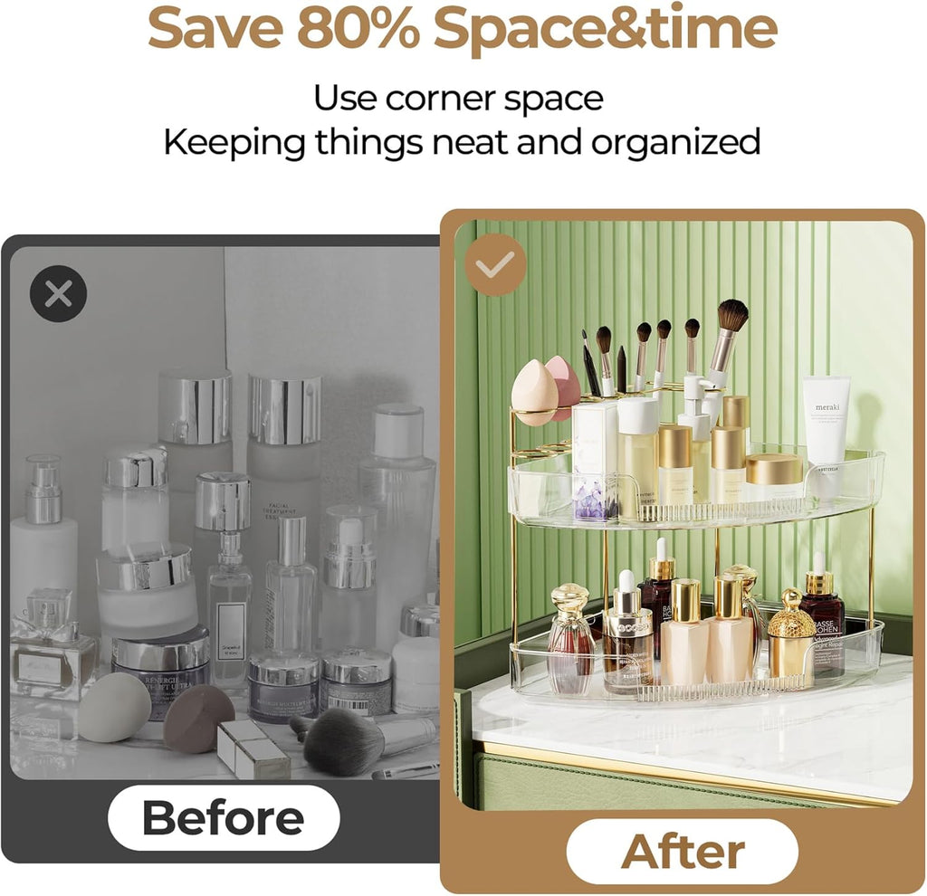 FELIZHOUSE 2-Tier Makeup Organizer for Vanity & Bathroom Countertop – Acrylic Storage Shelf with Perfume Tray & Makeup Brush Holder, Tool-Free Installation, Design for Bathroom & Dresser - Clear