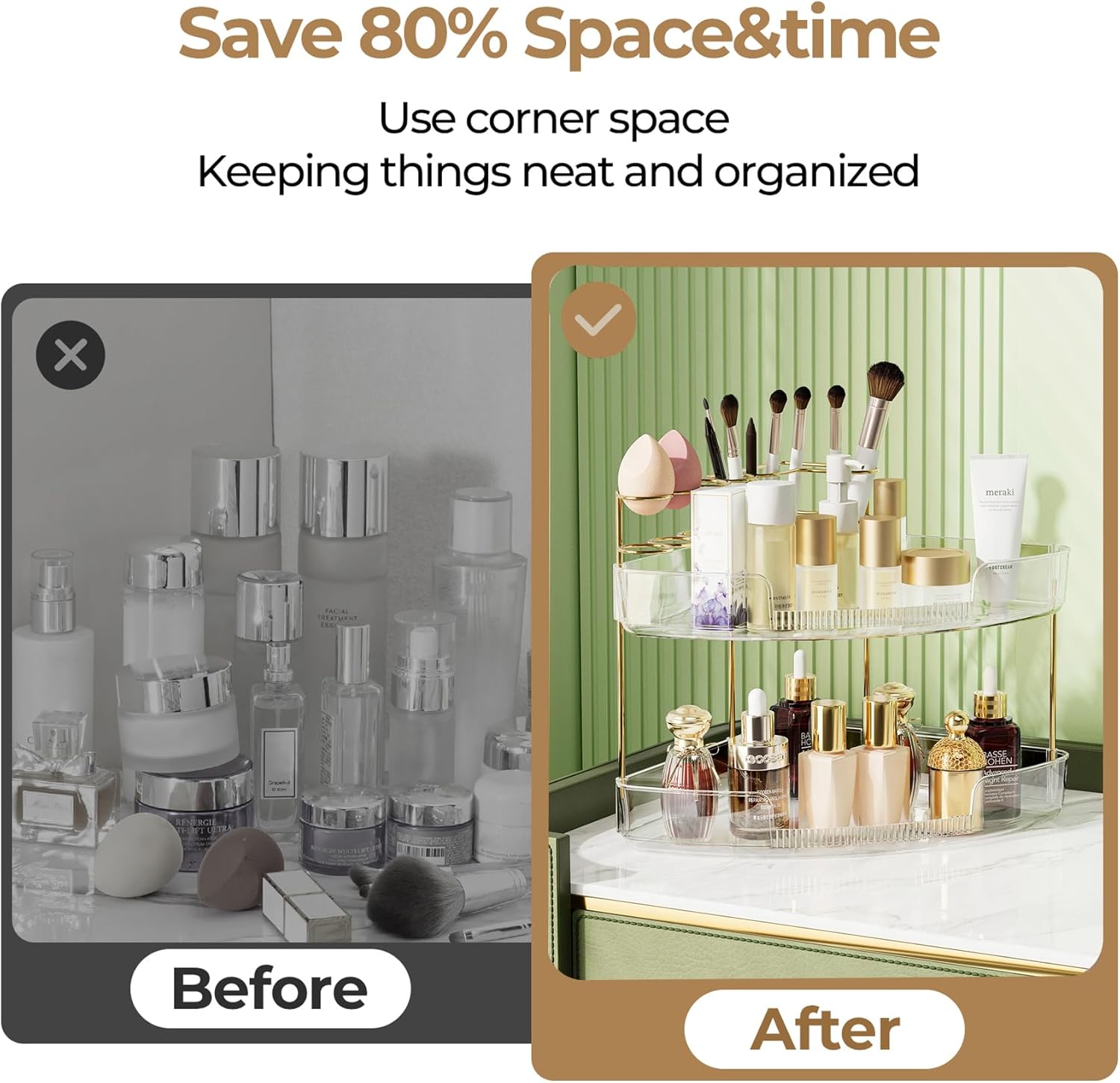 FELIZHOUSE 2-Tier Makeup Organizer for Vanity & Bathroom Countertop – Acrylic Storage Shelf with Perfume Tray & Makeup Brush Holder, Tool-Free Installation, Design for Bathroom & Dresser - Clear