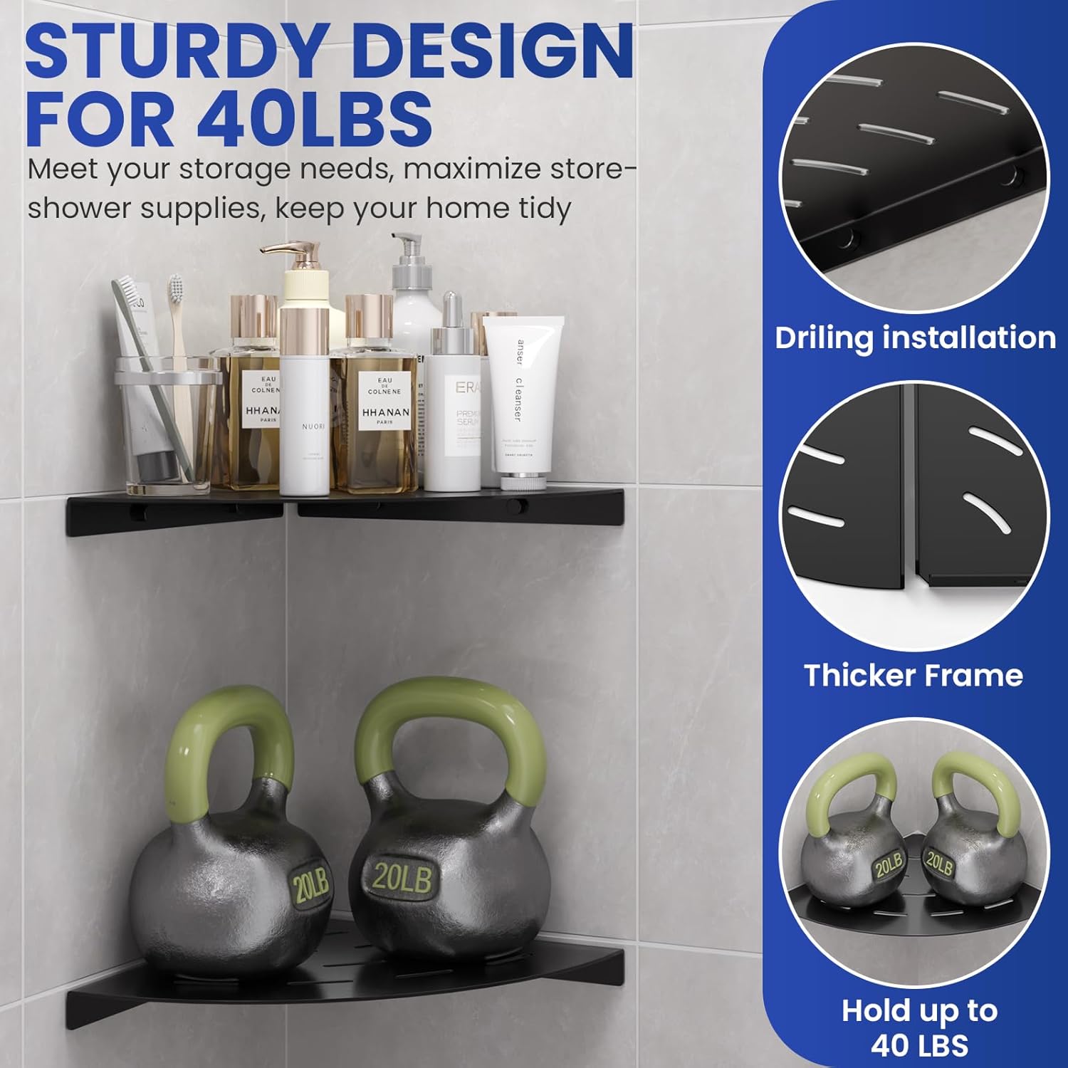 2 Pack Corner Shower Shelves Load Capacity 40 lbs 304 Stainless Steel Shower Corner Shelf Will not Rust 8in Shower Shelf for Inside Shower Matte Black Drilling Installation