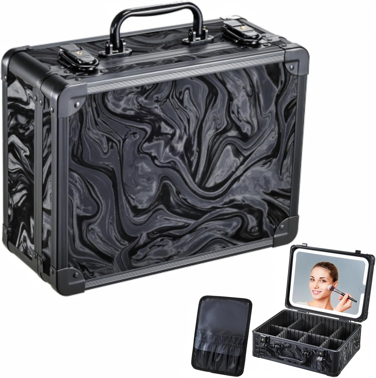 Makeup Case with LED Mirror - Black Fluid-Color Makeup Box with Detachable Lighted Mirror, Travel Cosmetic Train Case Organizer with Adjustable Dividers and Tool Panel for Brushes