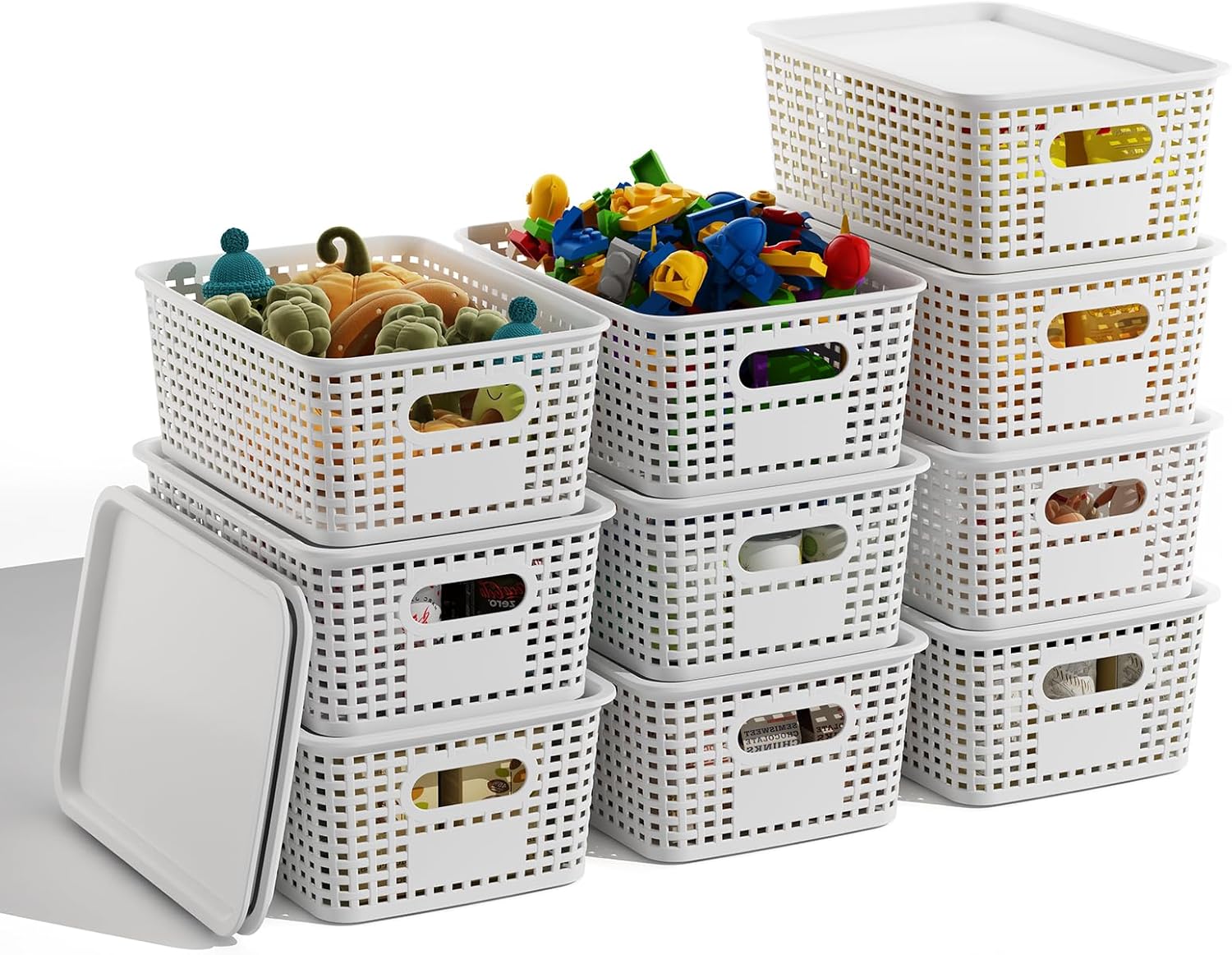 White Plastic Storage Baskets with Lids 10 Pack Stackable Storage Bins Containers for Shelves Organizing, Cute Decorative Storage Boxes for Classroom, Playroom, Closet, Pantry