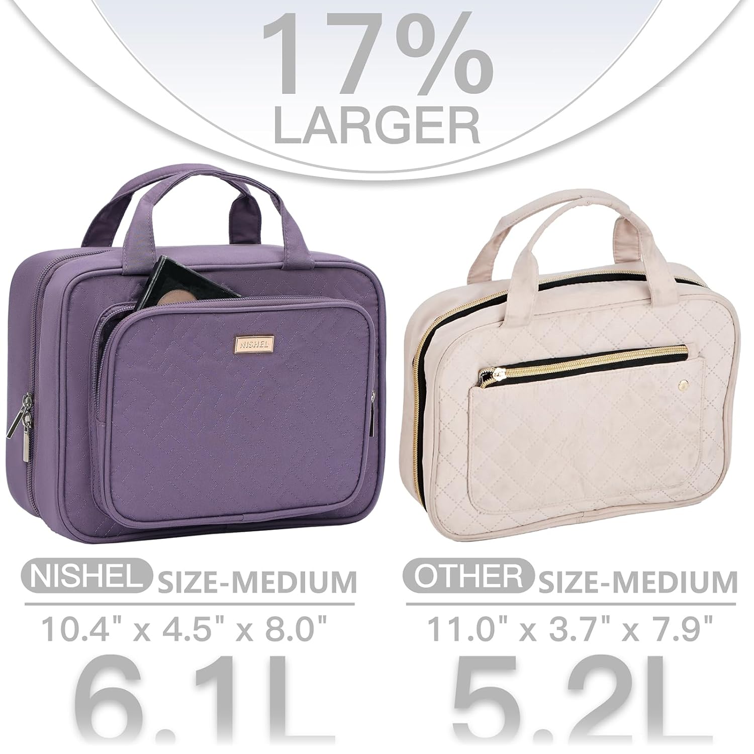 NISHEL Travel Toiletry Bag for Women, Makeup Essentials Organizer, Hanging Case for Accessories, Cosmetics, Medium Size, Purple