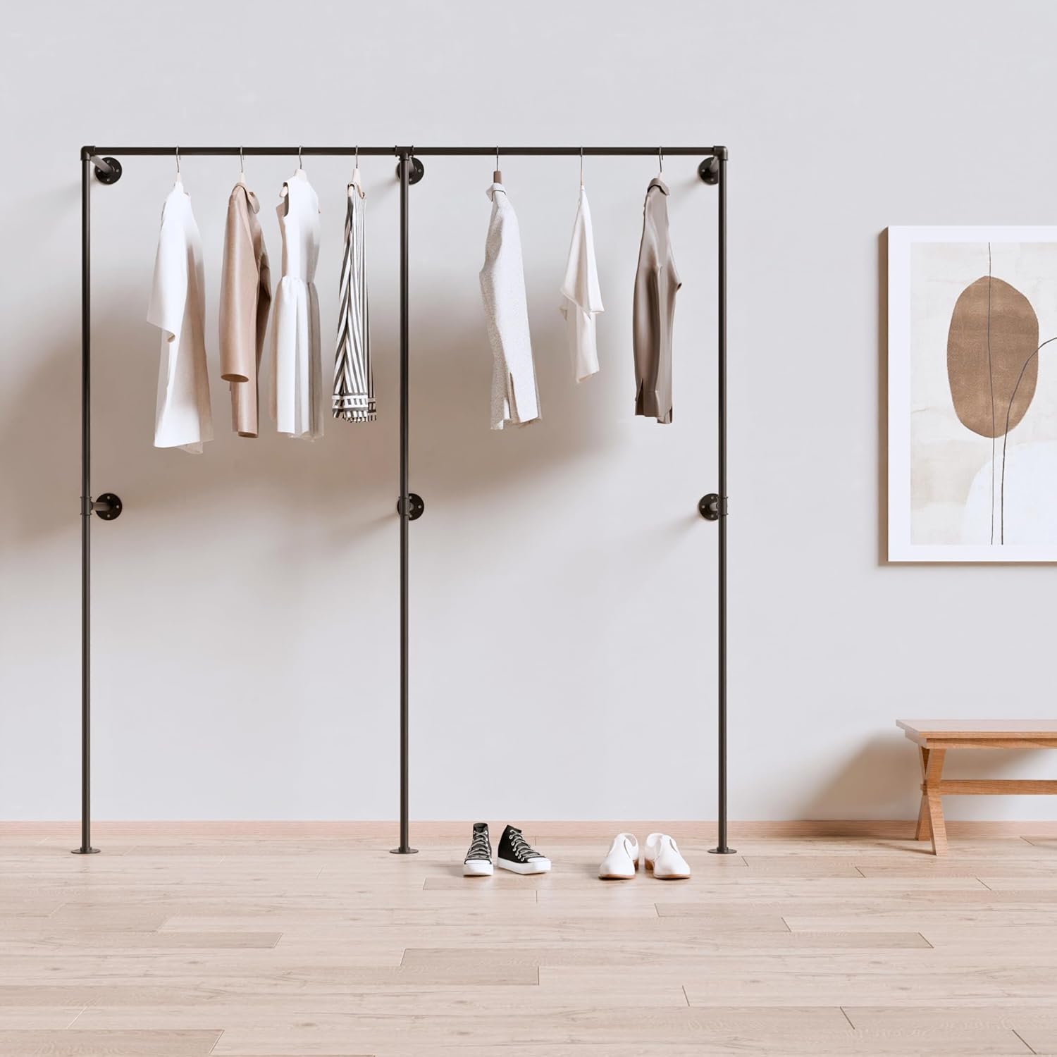 Industrial Pipe Clothing Rack, Heavy Duty Wall Mounted Clothes Rack, Retail Display Hanging Garment Rod for Laundry Rooms, Closet Storage, 14.6x75x82.7 Inches, Model K06