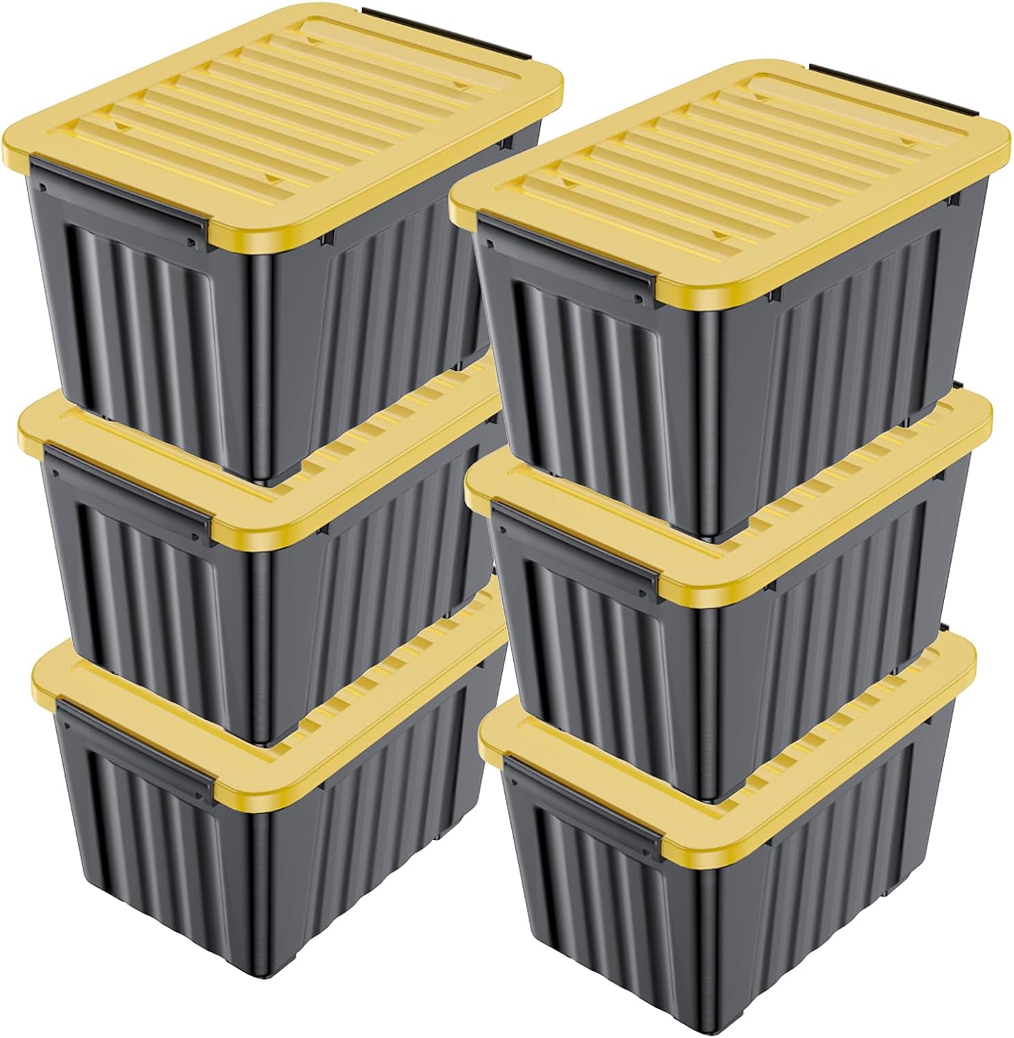 Nazhura 97 Quart Plastic Storage Bin, Stackable and Nestable Storage Boxes with Yellow Lids and Secure Latching Buckles, Large Storage Container (Black/Yellow, 97Quart-6Pack)