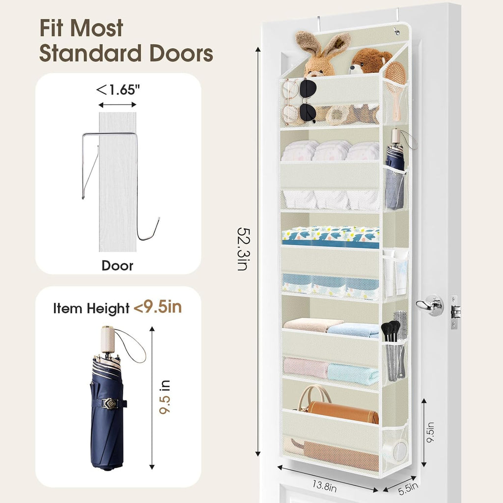 1 Pack Over The Door Organizer, Hanging Storage Organizer with Clear Window, 40lb Ultra Sturdy Large Capacity Room Organizer for Pantry Bathroom Nursery Closet Baby Essential (Beige)