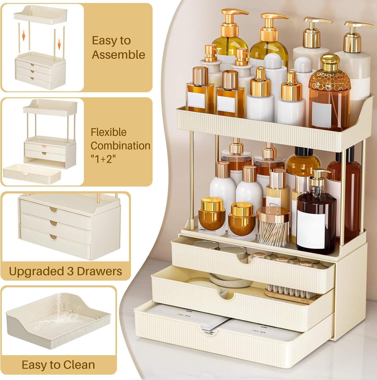 Bathroom Organizers and Storage - 3 Drawers 2 Tier Makeup Organizer, Cosmetic Storage Drawer for Dresser Countertop and Bathroom Vanity for Large Skincare, Perfume, Cream White