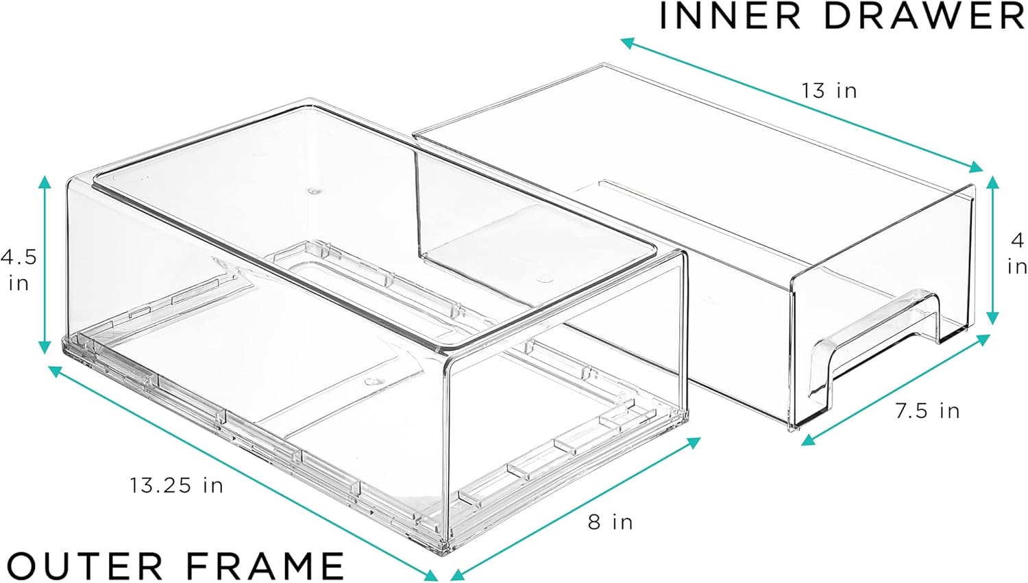Sorbus Medium Clear Stackable Storage Drawers – 4-Pack Plastic Organizer Bins with Handles – Stackable Pull-Out Storage Drawers for Closet, Pantry, Office, Bathroom, Craft, and Toy Organization