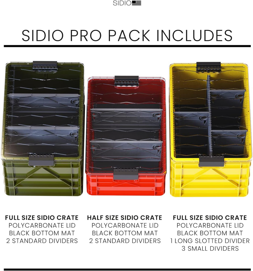 SIDIO CRATE Pro Pack - Two Full Size and One Half Size SidioCrate, Stackable Outdoor Organizer Storage Bins with Clear Lid and Dividers - UTILITY Variety Pack