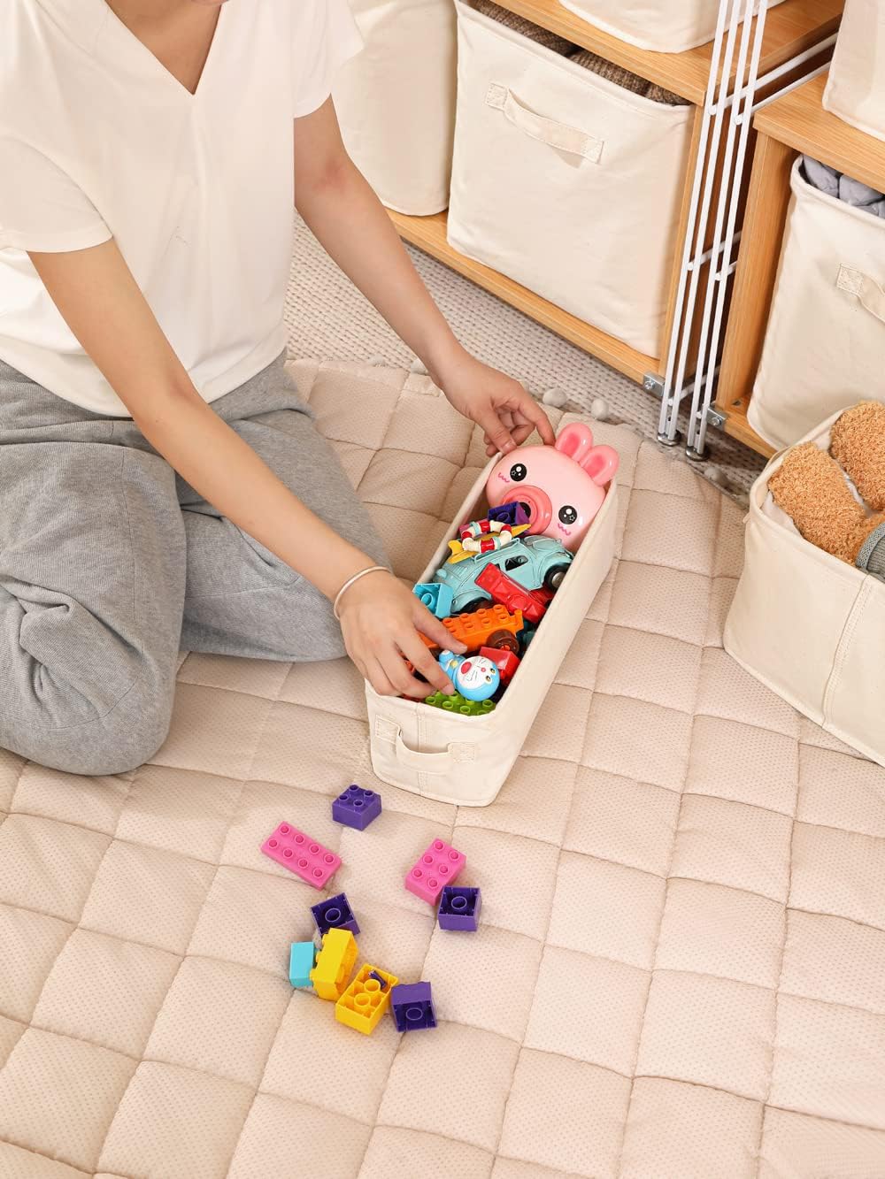 Decorative Basket Rectangular Fabric Storage Bin Organizer Basket with Handles for Clothes Storage (14.5 x 5.1 x 4.7, Beige)