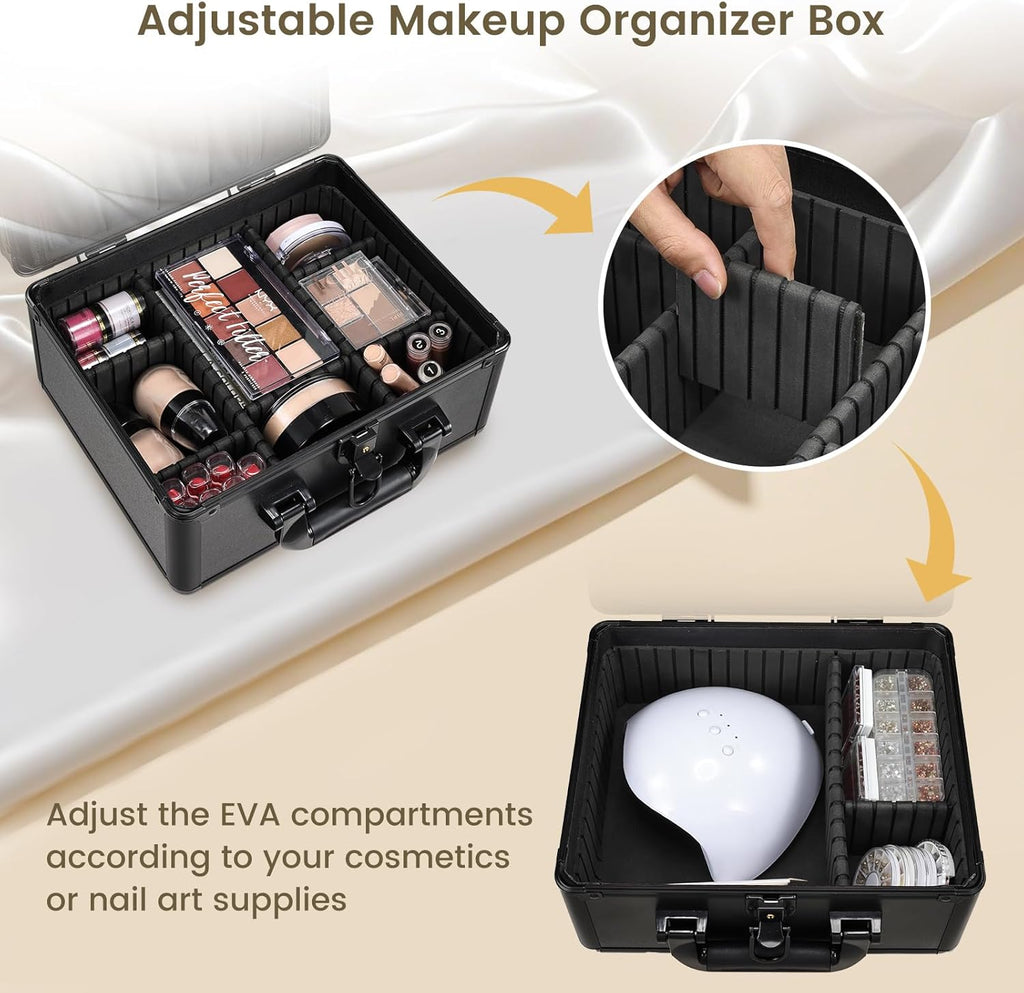 Makeup Case with Lighted Vanity Mirror, Makeup Organizer Box Travel Make up Case with LED Mirror Portable Cosmetic Train Case for Countertop Lockable Makeup Suitcase with Adjustable Dividers