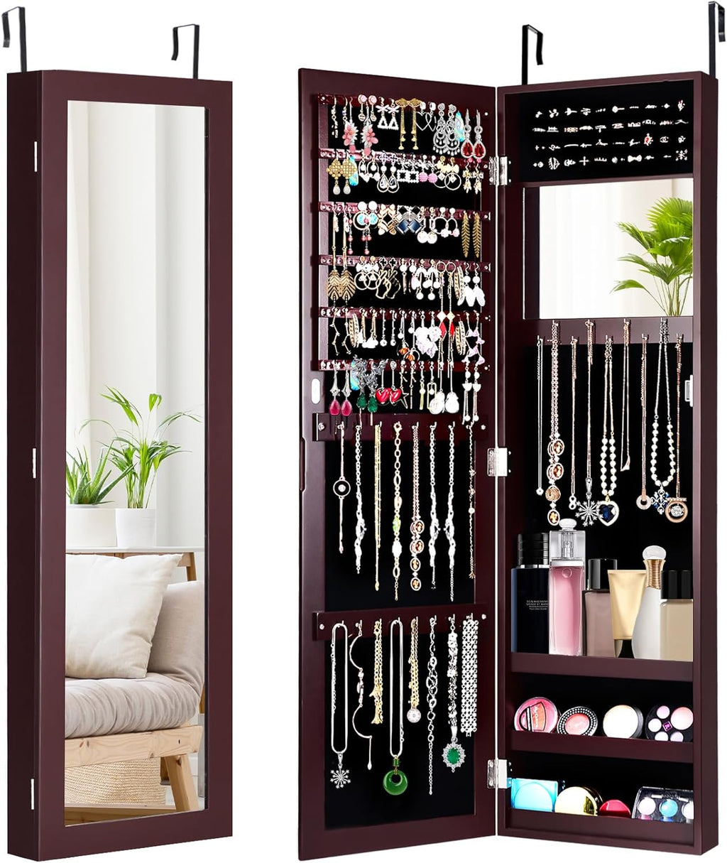 HAPPYGRILL Wall Mounted Jewelry Cabinet with Full Length Mirror, Over The Door Jewelry Organizer w/Built-in Makeup Mirror, Storage Shelves, Door Mounted Jewelry Armoire for Women, Girls (Brown)