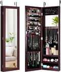 HAPPYGRILL Wall Mounted Jewelry Cabinet with Full Length Mirror, Over The Door Jewelry Organizer w/Built-in Makeup Mirror, Storage Shelves, Door Mounted Jewelry Armoire for Women, Girls (Brown)