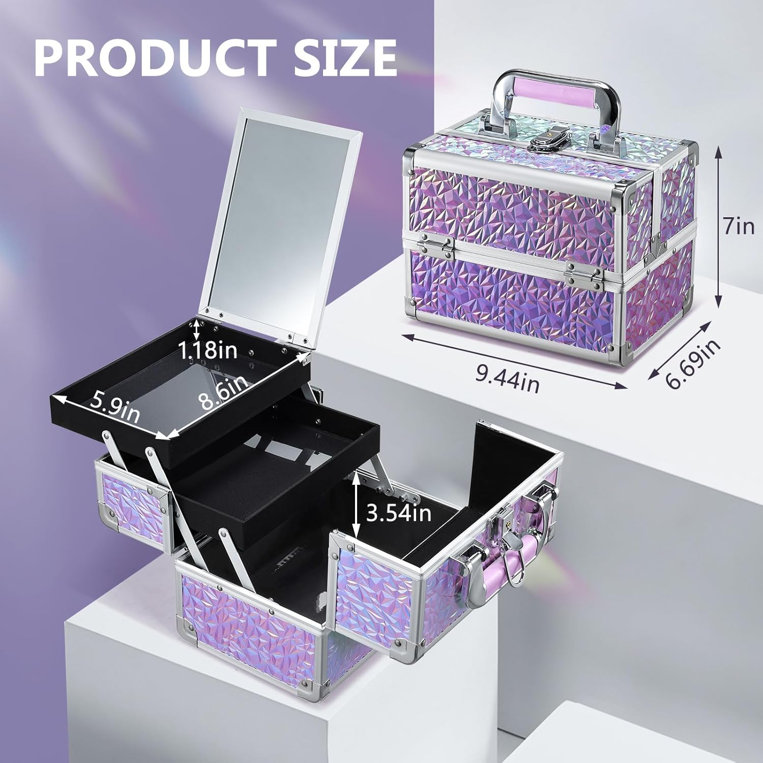 Joligrace Makeup Train Case Makeup Case Organizer Portable Cosmetic Box Storage with 2 Trays Mirror Locking with Keys Make Up Travel Case Nail Kits Traveling Makeup Box Shiny Purple