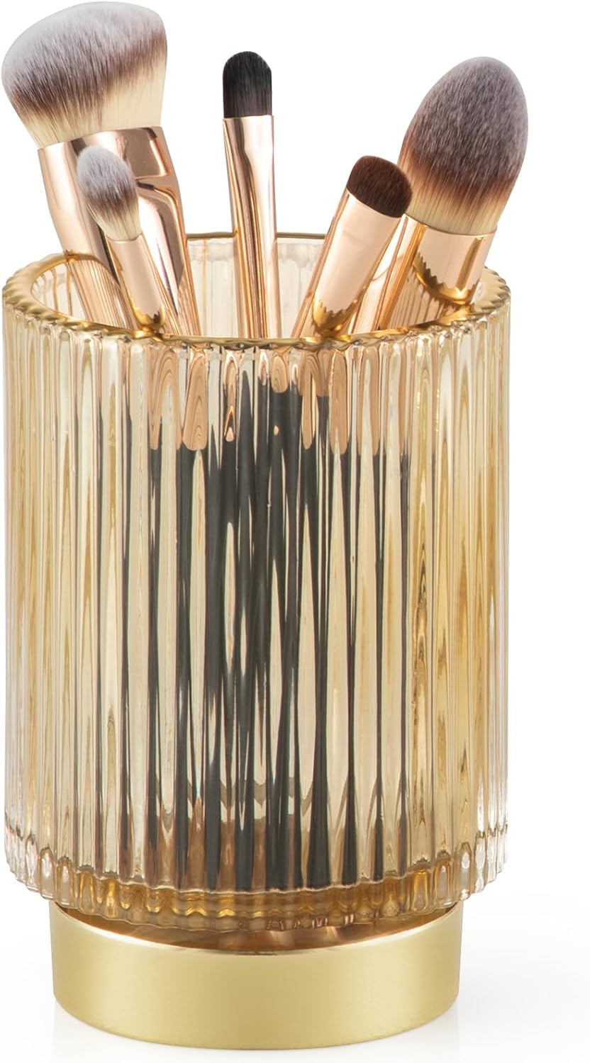 CANITORON Makeup Brush Holder,Glass Makeup Brush Holder Organizer Store Cosmetic Tools,Eyeliner,Storage Organizer for Vanity,Bathroom Countertop Organize and Bedroom Countertop Storage.(Amber L)