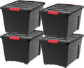 IRIS USA 51 L (54 QT) Plastic Storage Box with Lid and Latches - 4 Pack - BPA-Free, Garage Organizing Solution, Durable Nestable Stackable Containers, Secure Pull Handle - Black