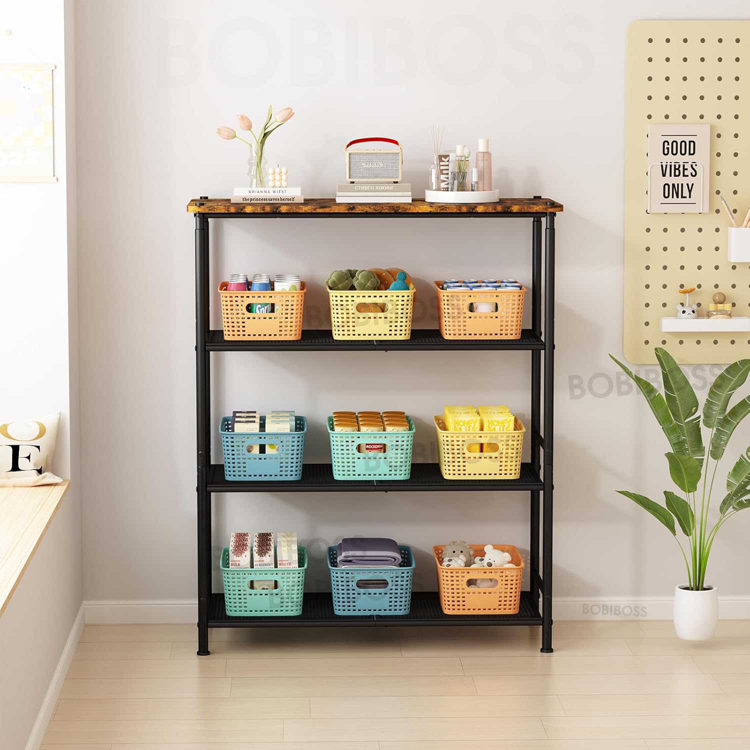 Colorful Plastic Storage Baskets with Lids 8 Pack Stackable Storage Bins Containers for Shelves Organizing, Colored Cute Decorative Storage Boxes for Classroom, Playroom, Closet, Pantry